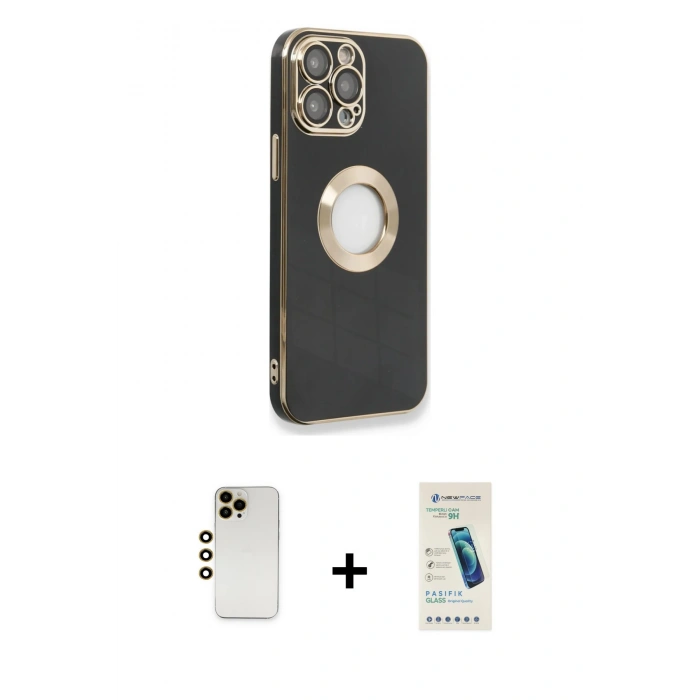 MARSİLYAN™- iPhone 13 Pro Max Kılıf İz Form Serisi - Şeffaf Pasifik Cam Ekran Koruyucu + Shine Kamera Lens - GD