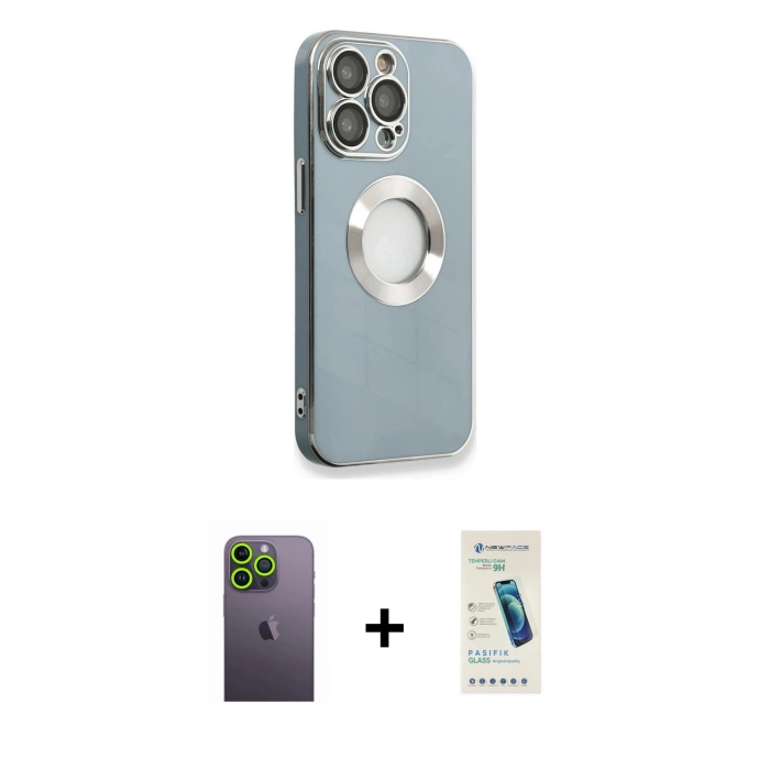 MARSİLYAN™- iPhone 13 Pro Max Kılıf İz Form Serisi - Şeffaf Pasifik Cam Ekran Koruyucu + Yeşil Neon Fosforlu Kamera Lens