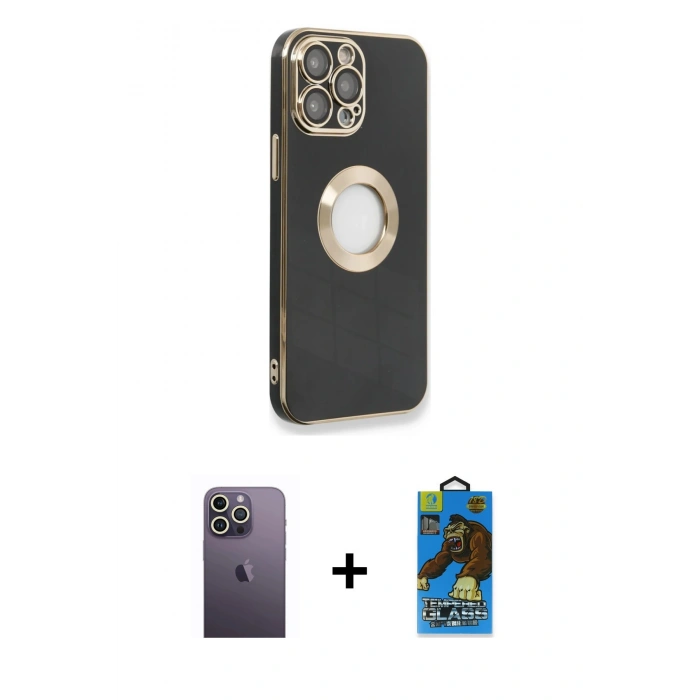MARSİLYAN™- iPhone 13 Pro Max Kılıf İz Form Serisi - Siyah 18D Cam Ekran Koruyucu + Neon Fosforlu Kamera Lens - BZ