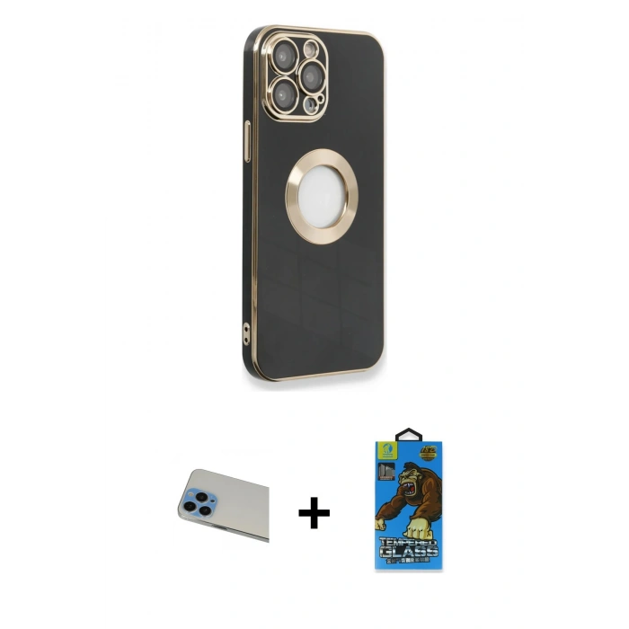 MARSİLYAN™- iPhone 13 Pro Max Kılıf İz Form Serisi - Siyah 18D Cam Ekran Koruyucu + Rainbow Kamera Lens Koruma Cam - MI