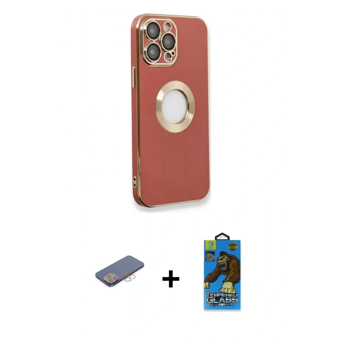 MARSİLYAN™- iPhone 13 Pro Max Kılıf İz Form Serisi - Siyah 18D Cam Ekran Koruyucu + Renkli Kamera Lens Koruma Cam - PE