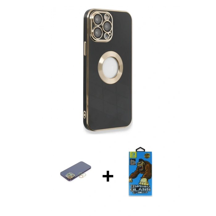 MARSİLYAN™- iPhone 13 Pro Max Kılıf İz Form Serisi - Siyah 18D Cam Ekran Koruyucu + Renkli Kamera Lens Koruma Cam - SI