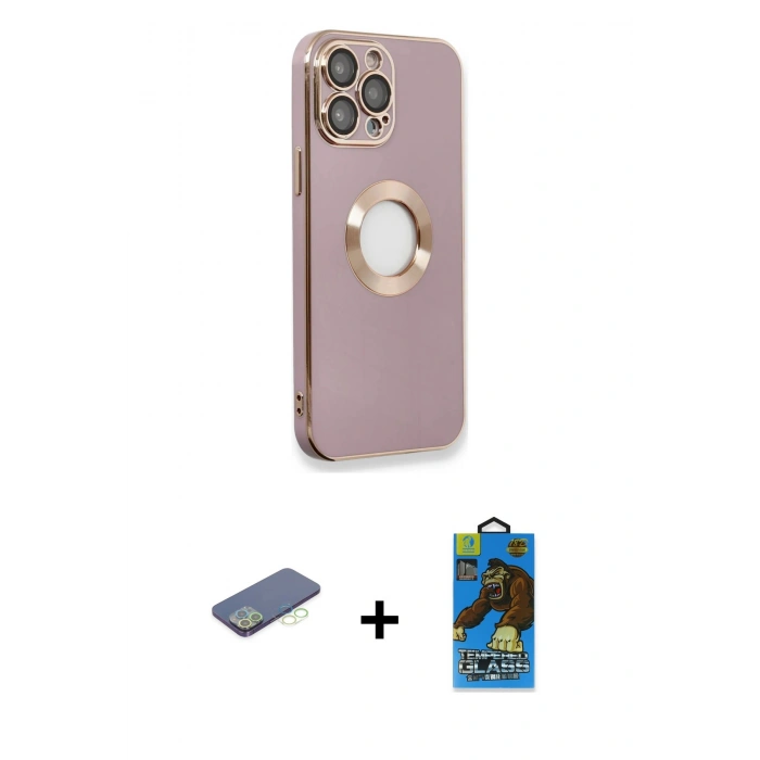 MARSİLYAN™- iPhone 13 Pro Max Kılıf İz Form Serisi - Siyah 18D Cam Ekran Koruyucu + Renkli Kamera Lens Koruma Cam - YL