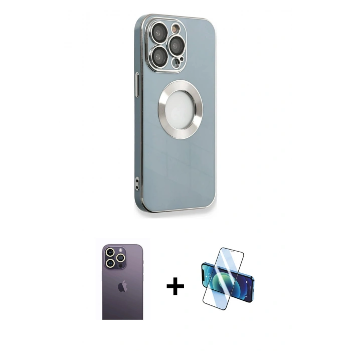 MARSİLYAN™- iPhone 13 Pro Max Kılıf İz Form Serisi - Siyah 3D Antistatik Cam Ekran Koruyucu + Neon Fosforlu Kamera Lens - BZ