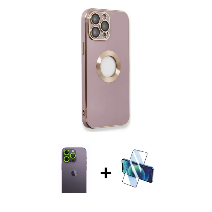 MARSİLYAN™- iPhone 13 Pro Max Kılıf İz Form Serisi - Siyah 3D Antistatik Cam Ekran Koruyucu + Neon Fosforlu Kamera Lens - YL