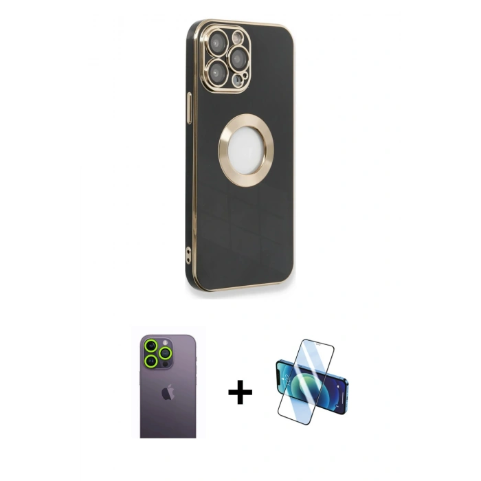 MARSİLYAN™- iPhone 13 Pro Max Kılıf İz Form Serisi - Siyah 3D Antistatik Cam Ekran Koruyucu + Neon Fosforlu Kamera Lens - YL