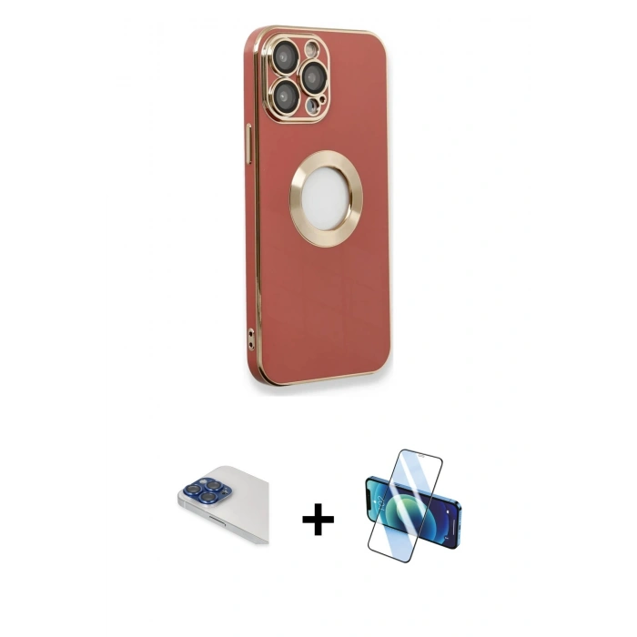 MARSİLYAN™- iPhone 13 Pro Max Kılıf İz Form Serisi - Siyah 3D Antistatik Cam Ekran Koruyucu + Pers Alüminyum Kamera Lens - LT