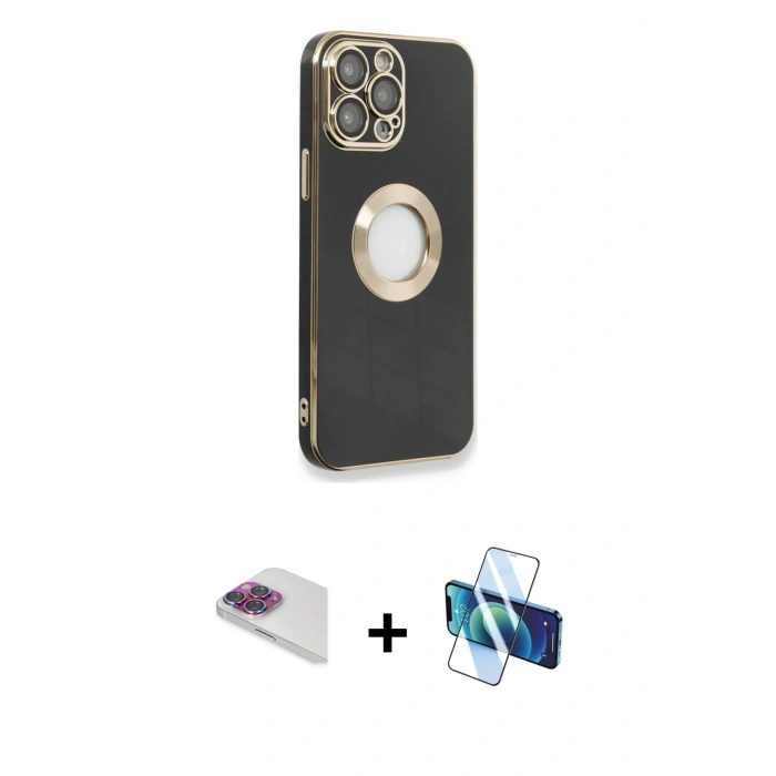 MARSİLYAN™- iPhone 13 Pro Max Kılıf İz Form Serisi - Siyah 3D Antistatik Cam Ekran Koruyucu + Pers Alüminyum Kamera Lens - GI