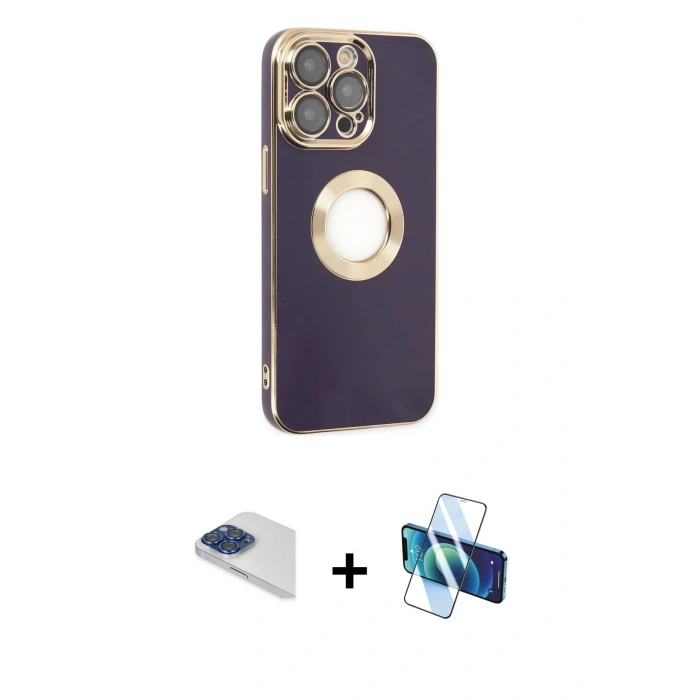 MARSİLYAN™- iPhone 13 Pro Max Kılıf İz Form Serisi - Siyah 3D Antistatik Cam Ekran Koruyucu + Pers Alüminyum Kamera Lens - LT