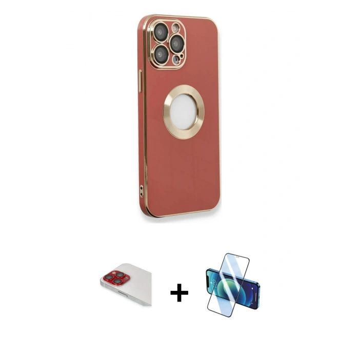 MARSİLYAN™- iPhone 13 Pro Max Kılıf İz Form Serisi - Siyah 3D Antistatik Cam Ekran Koruyucu + Pers Alüminyum Kamera Lens - KI