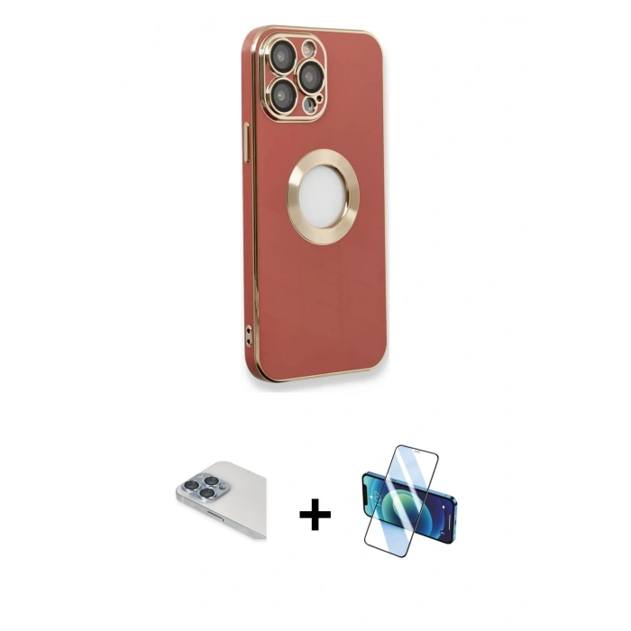 MARSİLYAN™- iPhone 13 Pro Max Kılıf İz Form Serisi - Siyah 3D Antistatik Cam Ekran Koruyucu + Pers Alüminyum Kamera Lens - SABE