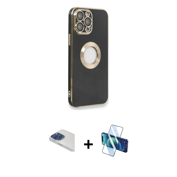 MARSİLYAN™- iPhone 13 Pro Max Kılıf İz Form Serisi - Siyah 3D Antistatik Cam Ekran Koruyucu + Pers Alüminyum Kamera Lens - LT