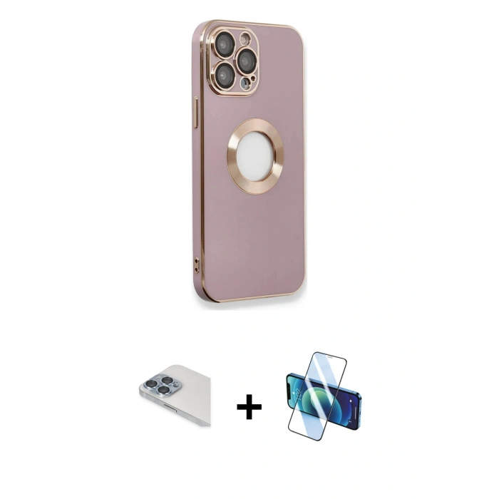 MARSİLYAN™- iPhone 13 Pro Max Kılıf İz Form Serisi - Siyah 3D Antistatik Cam Ekran Koruyucu + Pers Alüminyum Kamera Lens - SABE