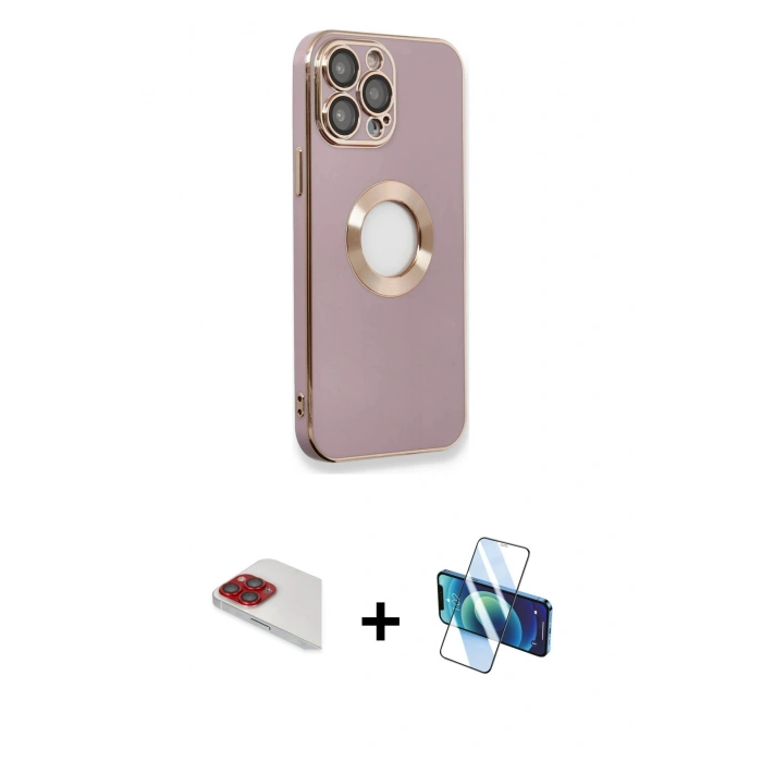 MARSİLYAN™- iPhone 13 Pro Max Kılıf İz Form Serisi - Siyah 3D Antistatik Cam Ekran Koruyucu + Pers Alüminyum Kamera Lens - KI