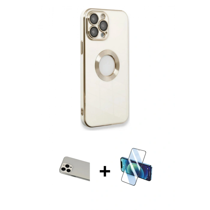 MARSİLYAN™- iPhone 13 Pro Max Kılıf İz Form Serisi - Siyah 3D Antistatik Cam Ekran Koruyucu + Rainbow Kamera Lens Koruma Cam - BZ