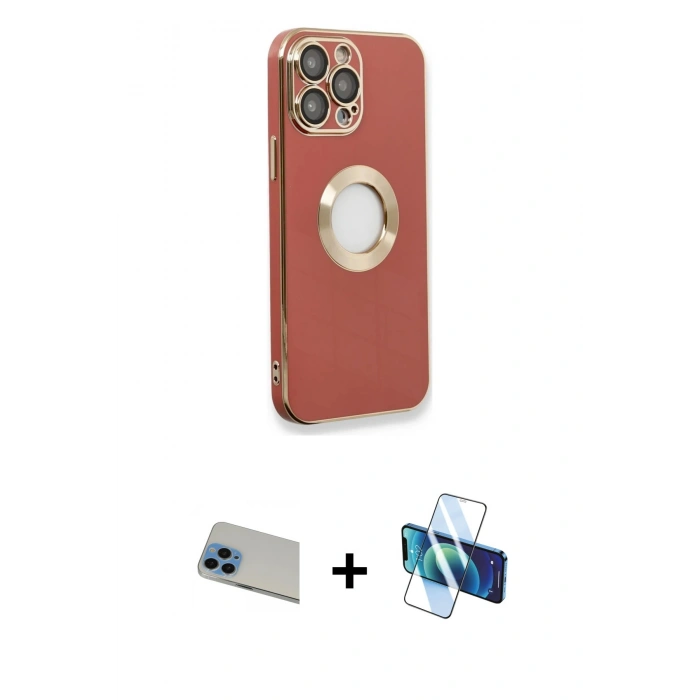 MARSİLYAN™- iPhone 13 Pro Max Kılıf İz Form Serisi - Siyah 3D Antistatik Cam Ekran Koruyucu + Rainbow Kamera Lens Koruma Cam - MI