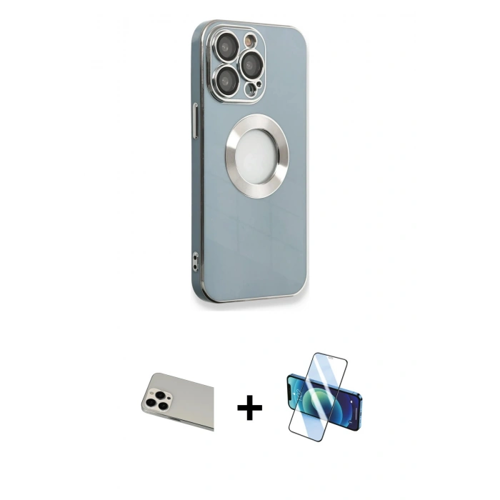 MARSİLYAN™- iPhone 13 Pro Max Kılıf İz Form Serisi - Siyah 3D Antistatik Cam Ekran Koruyucu + Rainbow Kamera Lens Koruma Cam - BZ