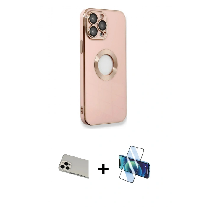 MARSİLYAN™- iPhone 13 Pro Max Kılıf İz Form Serisi - Siyah 3D Antistatik Cam Ekran Koruyucu + Rainbow Kamera Lens Koruma Cam - BZ