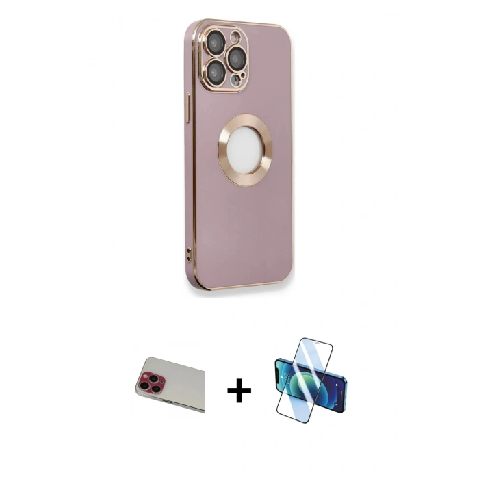 MARSİLYAN™- iPhone 13 Pro Max Kılıf İz Form Serisi - Siyah 3D Antistatik Cam Ekran Koruyucu + Rainbow Kamera Lens Koruma Cam - KI