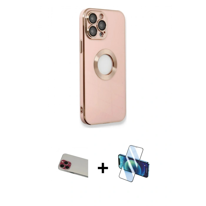 MARSİLYAN™- iPhone 13 Pro Max Kılıf İz Form Serisi - Siyah 3D Antistatik Cam Ekran Koruyucu + Rainbow Kamera Lens Koruma Cam - KI