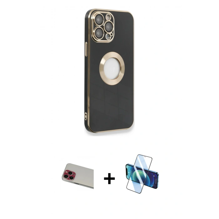MARSİLYAN™- iPhone 13 Pro Max Kılıf İz Form Serisi - Siyah 3D Antistatik Cam Ekran Koruyucu + Rainbow Kamera Lens Koruma Cam - KI