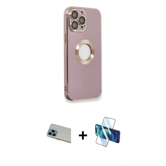 MARSİLYAN™- iPhone 13 Pro Max Kılıf İz Form Serisi - Siyah 3D Antistatik Cam Ekran Koruyucu + Rainbow Kamera Lens Koruma Cam - MI