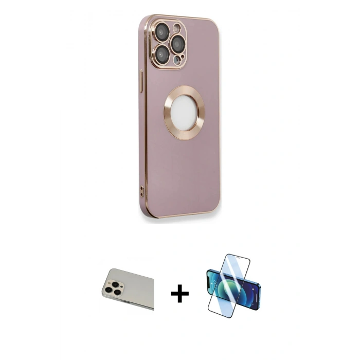 MARSİLYAN™- iPhone 13 Pro Max Kılıf İz Form Serisi - Siyah 3D Antistatik Cam Ekran Koruyucu + Rainbow Kamera Lens Koruma Cam - REGD