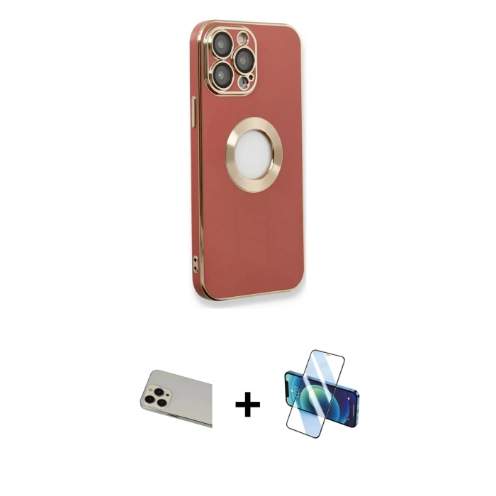 MARSİLYAN™- iPhone 13 Pro Max Kılıf İz Form Serisi - Siyah 3D Antistatik Cam Ekran Koruyucu + Rainbow Kamera Lens Koruma Cam - REGD