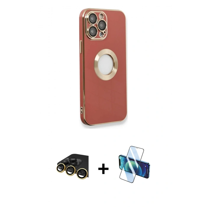 MARSİLYAN™- iPhone 13 Pro Max Kılıf İz Form Serisi - Siyah 3D Antistatik Cam Ekran Koruyucu + Raze Metal Kamera Lens - GD