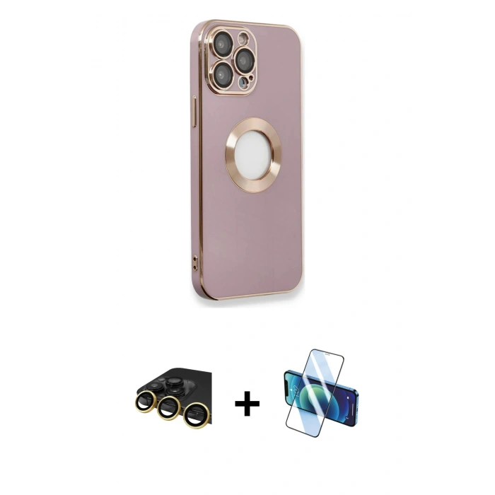 MARSİLYAN™- iPhone 13 Pro Max Kılıf İz Form Serisi - Siyah 3D Antistatik Cam Ekran Koruyucu + Raze Metal Kamera Lens - GD
