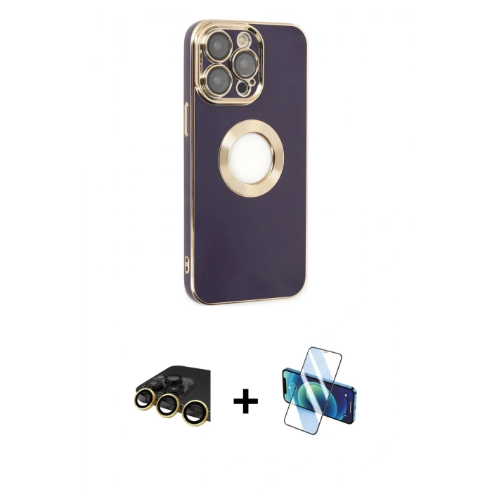 MARSİLYAN™- iPhone 13 Pro Max Kılıf İz Form Serisi - Siyah 3D Antistatik Cam Ekran Koruyucu + Raze Metal Kamera Lens - GD