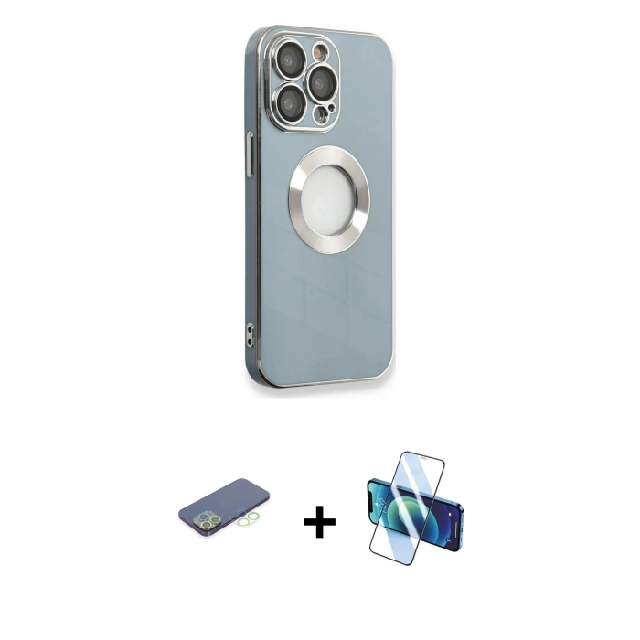 MARSİLYAN™- iPhone 13 Pro Max Kılıf İz Form Serisi - Siyah 3D Antistatik Cam Ekran Koruyucu + Renkli Kamera Lens Koruma Cam - YL
