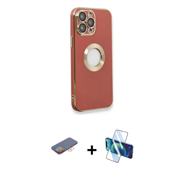 MARSİLYAN™- iPhone 13 Pro Max Kılıf İz Form Serisi - Siyah 3D Antistatik Cam Ekran Koruyucu + Renkli Kamera Lens Koruma Cam - TU
