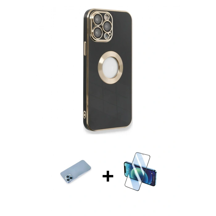 MARSİLYAN™- iPhone 13 Pro Max Kılıf İz Form Serisi - Siyah 3D Antistatik Cam Ekran Koruyucu + Shine Kamera Lens Koruma Cam - MI