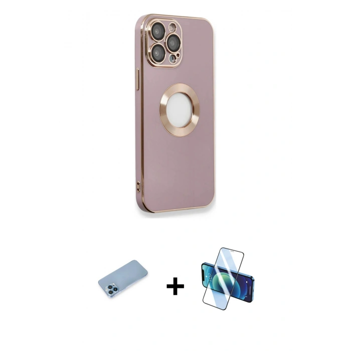 MARSİLYAN™- iPhone 13 Pro Max Kılıf İz Form Serisi - Siyah 3D Antistatik Cam Ekran Koruyucu + Shine Kamera Lens Koruma Cam - MI