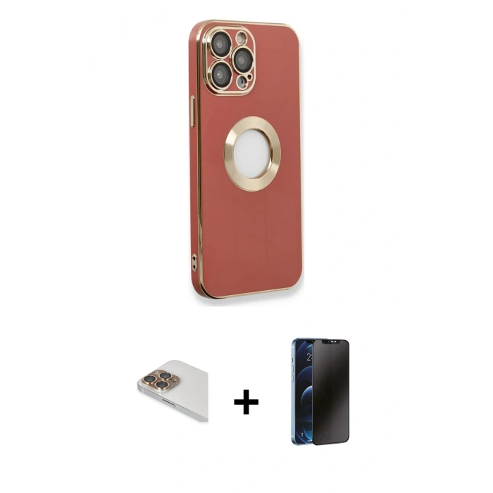 MARSİLYAN™- iPhone 13 Pro Max Kılıf İz Form Serisi - Siyah 3D Antistatik Hayalet Cam Ekran Koruyucu + Gold Pers Alüminyum Kamera Lens