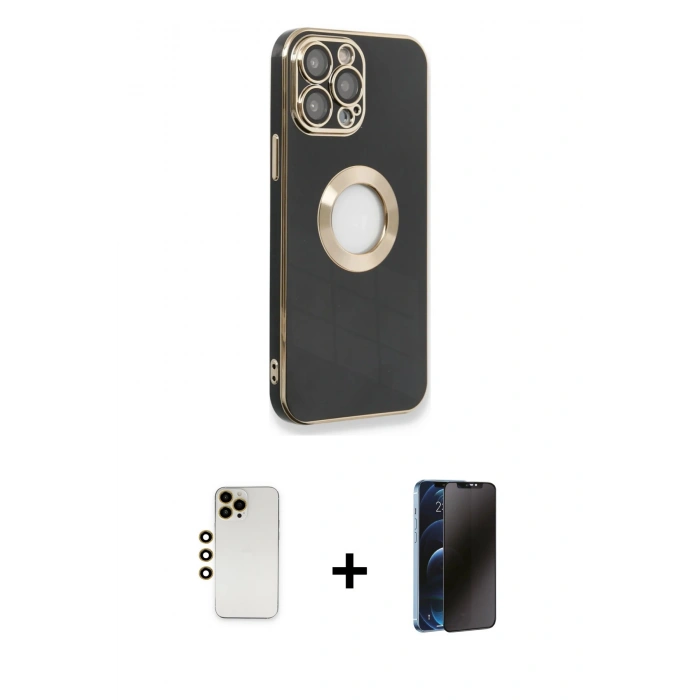 MARSİLYAN™- iPhone 13 Pro Max Kılıf İz Form Serisi - Siyah 3D Antistatik Hayalet Cam Ekran Koruyucu + Shine Kamera Lens - GD
