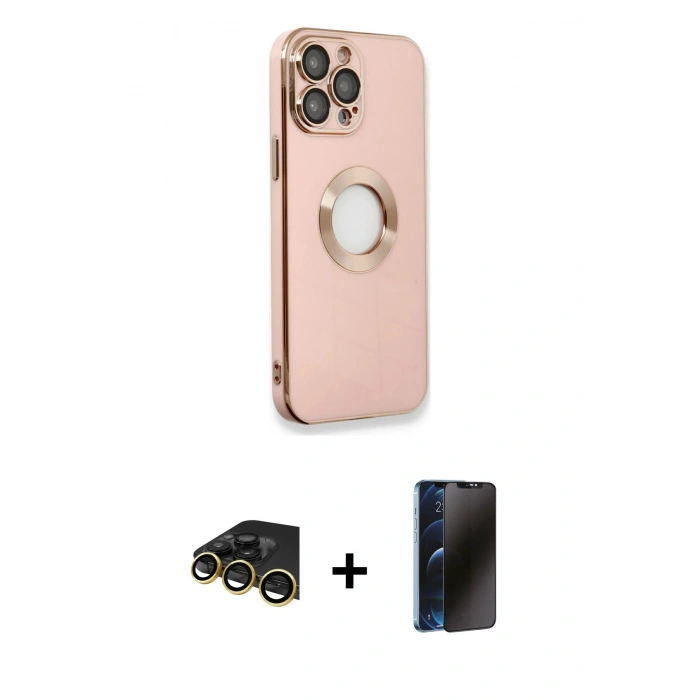 MARSİLYAN™- iPhone 13 Pro Max Kılıf İz Form Serisi - Siyah 3D Antistatik Hayalet Cam Ekran Koruyucu + Raze Metal Kamera Lens - GD