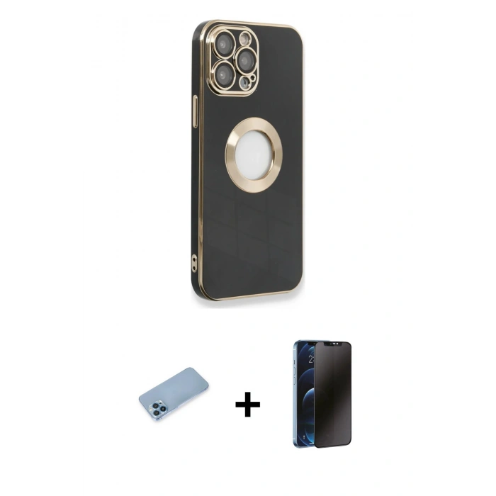 MARSİLYAN™- iPhone 13 Pro Max Kılıf İz Form Serisi - Siyah 3D Antistatik Hayalet Cam Ekran Koruyucu + Shine Kamera Lens Koruma Cam - MI