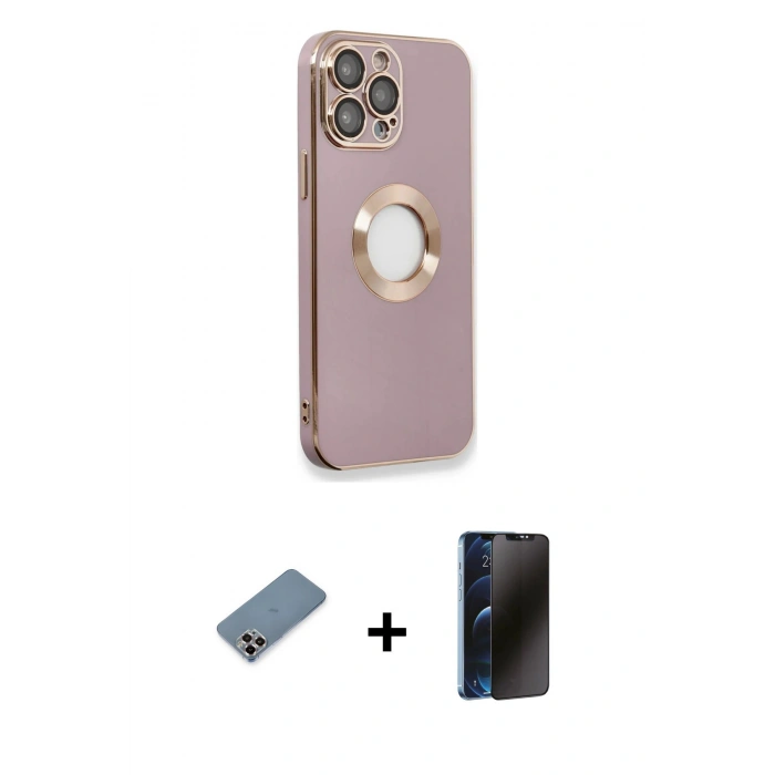 MARSİLYAN™- iPhone 13 Pro Max Kılıf İz Form Serisi - Siyah 3D Antistatik Hayalet Cam Ekran Koruyucu + Metal Kamera Lens Koruma Cam - MR