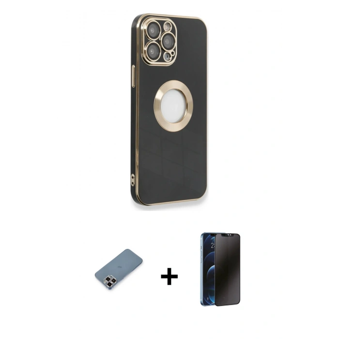 MARSİLYAN™- iPhone 13 Pro Max Kılıf İz Form Serisi - Siyah 3D Antistatik Hayalet Cam Ekran Koruyucu + Metal Kamera Lens Koruma Cam - MR