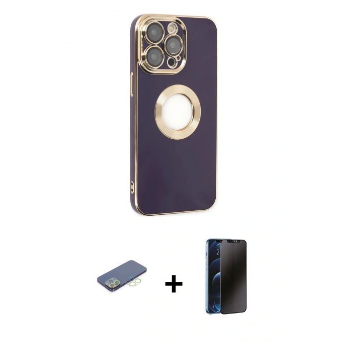 MARSİLYAN™- iPhone 13 Pro Max Kılıf İz Form Serisi - Siyah 3D Antistatik Hayalet Cam Ekran Koruyucu + Renkli Kamera Lens Koruma Cam - YL