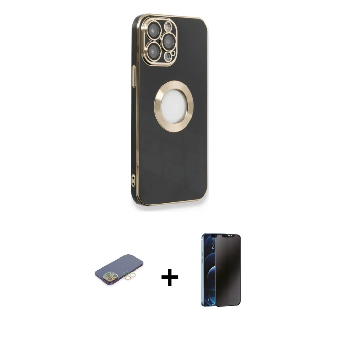 MARSİLYAN™- iPhone 13 Pro Max Kılıf İz Form Serisi - Siyah 3D Antistatik Hayalet Cam Ekran Koruyucu + Renkli Kamera Lens Koruma Cam - SI