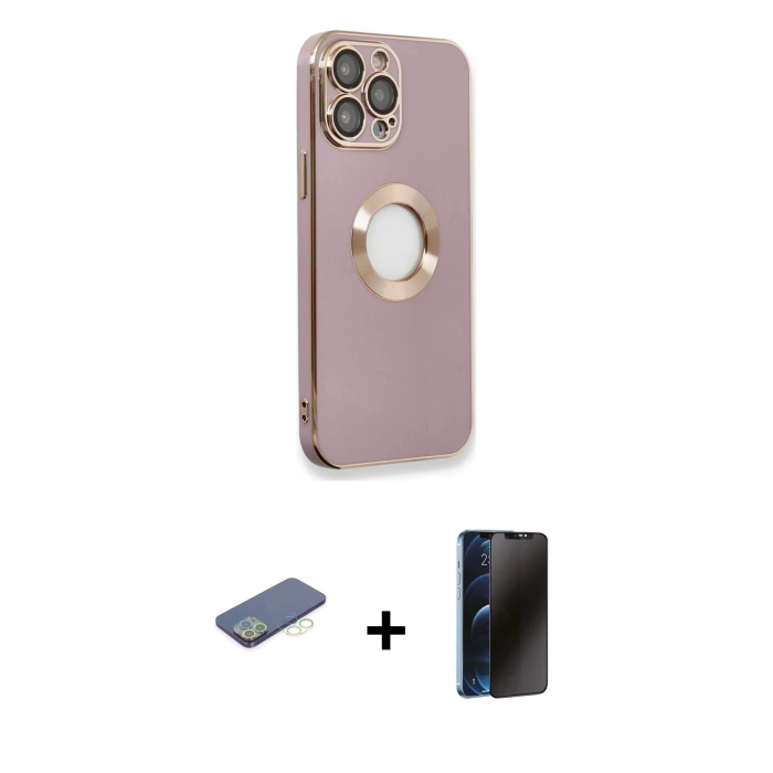 MARSİLYAN™- iPhone 13 Pro Max Kılıf İz Form Serisi - Siyah 3D Antistatik Hayalet Cam Ekran Koruyucu + Renkli Kamera Lens Koruma Cam - YL