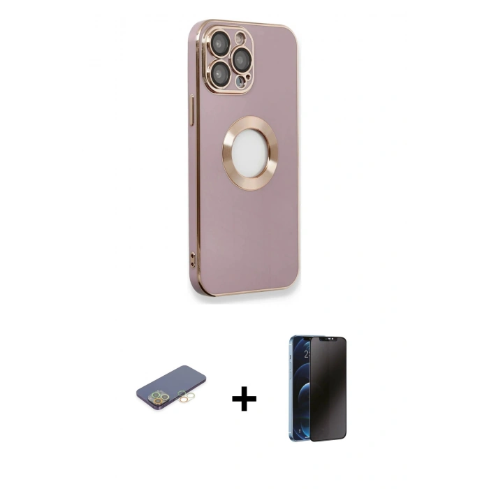 MARSİLYAN™- iPhone 13 Pro Max Kılıf İz Form Serisi - Siyah 3D Antistatik Hayalet Cam Ekran Koruyucu + Renkli Kamera Lens Koruma Cam - SI