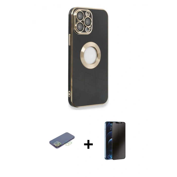 MARSİLYAN™- iPhone 13 Pro Max Kılıf İz Form Serisi - Siyah 3D Antistatik Hayalet Cam Ekran Koruyucu + Renkli Kamera Lens Koruma Cam - YL