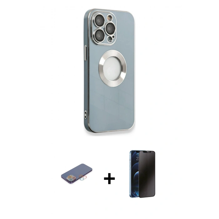 MARSİLYAN™- iPhone 13 Pro Max Kılıf İz Form Serisi - Siyah 3D Antistatik Hayalet Cam Ekran Koruyucu + Renkli Kamera Lens Koruma Cam - PE