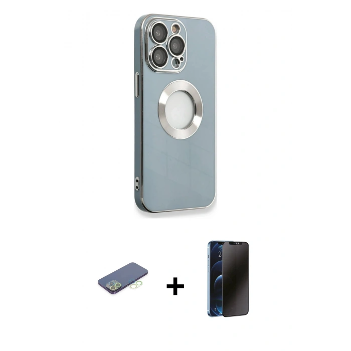 MARSİLYAN™- iPhone 13 Pro Max Kılıf İz Form Serisi - Siyah 3D Antistatik Hayalet Cam Ekran Koruyucu + Renkli Kamera Lens Koruma Cam - YL