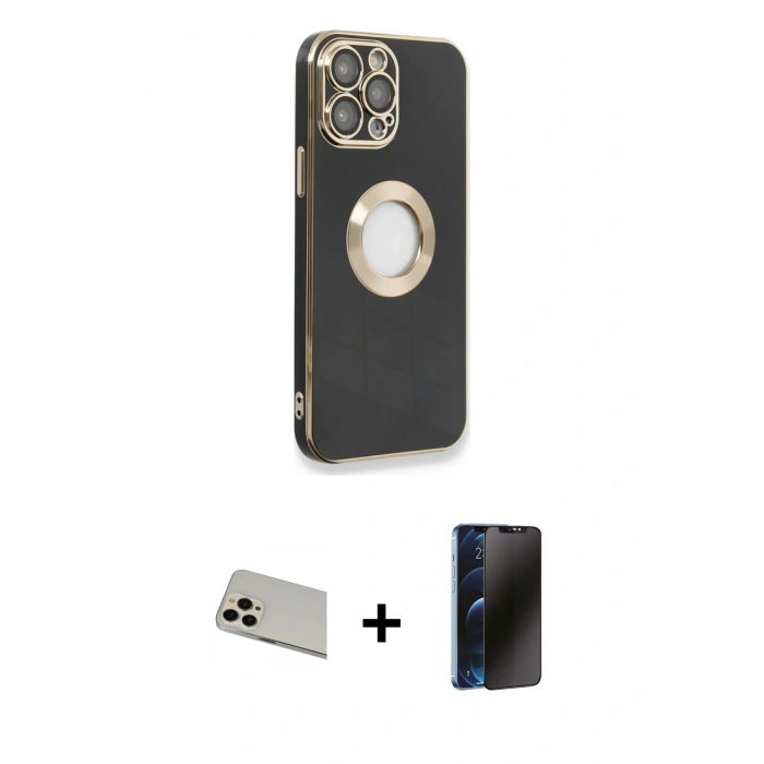 MARSİLYAN™- iPhone 13 Pro Max Kılıf İz Form Serisi - Siyah 3D Antistatik Hayalet Cam Ekran Koruyucu + Rainbow Kamera Lens Koruma Cam - REGD