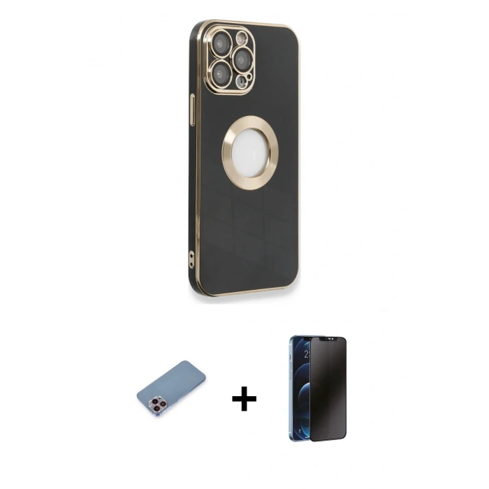 MARSİLYAN™- iPhone 13 Pro Max Kılıf İz Form Serisi - Siyah 3D Antistatik Hayalet Cam Ekran Koruyucu + Shine Kamera Lens Koruma Cam - PE